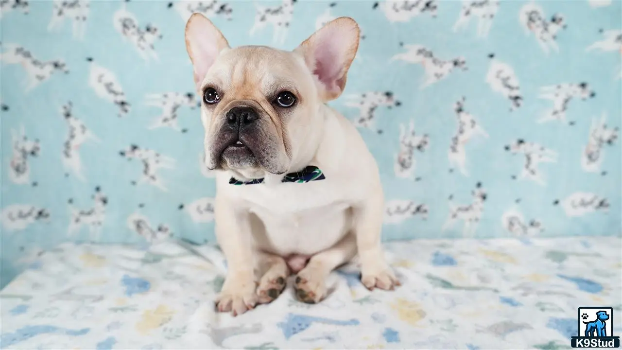 a small french bulldog dog sitting on a bed
