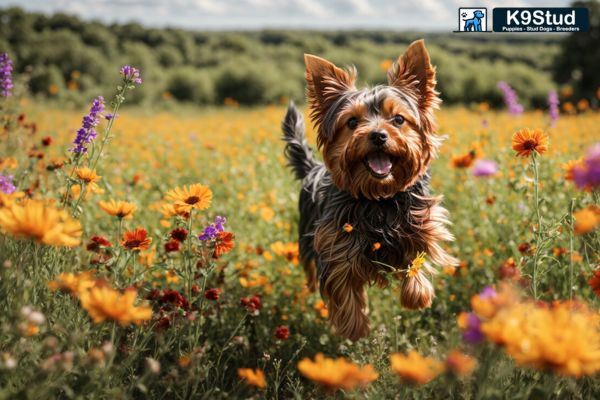 Brindle Frenchie running in a field